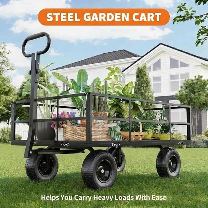  Heavy Duty Steel Garden Cart, 1200 LBS Load Capacity Garden Wagon with 10 inch Tire and 180° Rotating Handle Attach to ATV or Tractor Blac