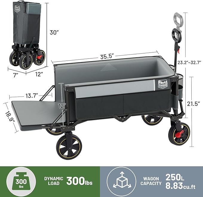TIMBER RIDGE 49" Extra Long Collapsible Folding Wagon with Tailgate and Brakes, 250L Capacity All-Terrain Wagon Carts Foldable, 300lbs Portable Cart for Dog, Garden, Outdoor Camping Sports, Grey
