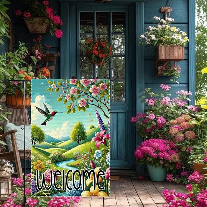 Hummingbird Spring Flowers Garden Flag 12x18 Inch Double Sided Burlap Colorful Floral Small Yard Outdoor Lawn Rustic Farmhouse Spring Decor