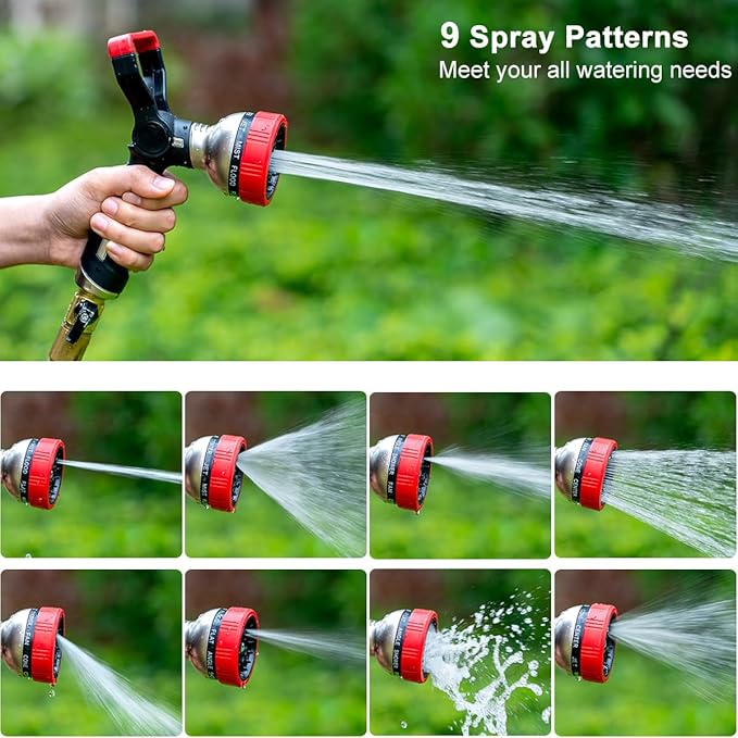 FANHAO Fireman Style Garden Hose Nozzle, Heavy Duty All-Metal Fire Water Nozzle with 9 Spray Patterns, High Power Hose Sprayer Nozzle with Lever Control for Car Washing, Garden & Pets Showering