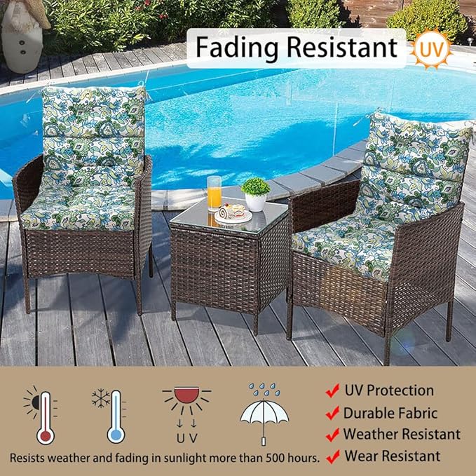 Magpie Fabrics Indoor Outdoor Tufted High Back Chair Cushion Set of 2, Waterproof All-Weather Deep Seating Rocking Chair Patio Garden Chaise Lounge Sun Lounger Chair Cushions(Botanical Blue Green)