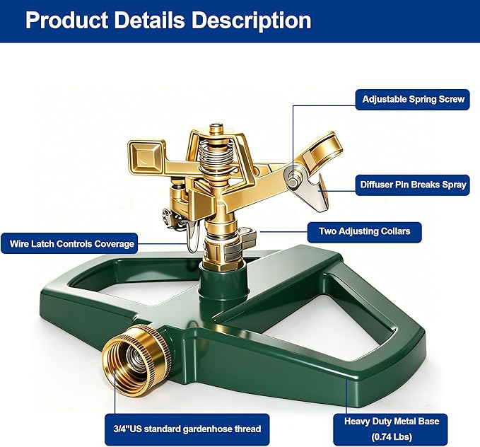 Hourleey Impact Pulsating Sprinklers for Yard - Heavy Duty Lawn Sprinkler with Metal Base, Adjustable Rotating 360 Degree for Large Area Garden, Coverage up to 5,800 Sq. Ft