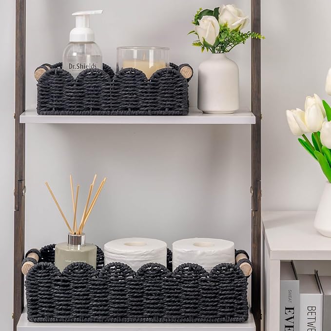 CubesLand Scalloped Toilet Paper Storage Basket for Over Toilet Shelves | Decorative Wicker Organizer Basket Perfect for Home Countertop Storage, Small Basket, Living Room Shelf Decor, Set 2 Black
