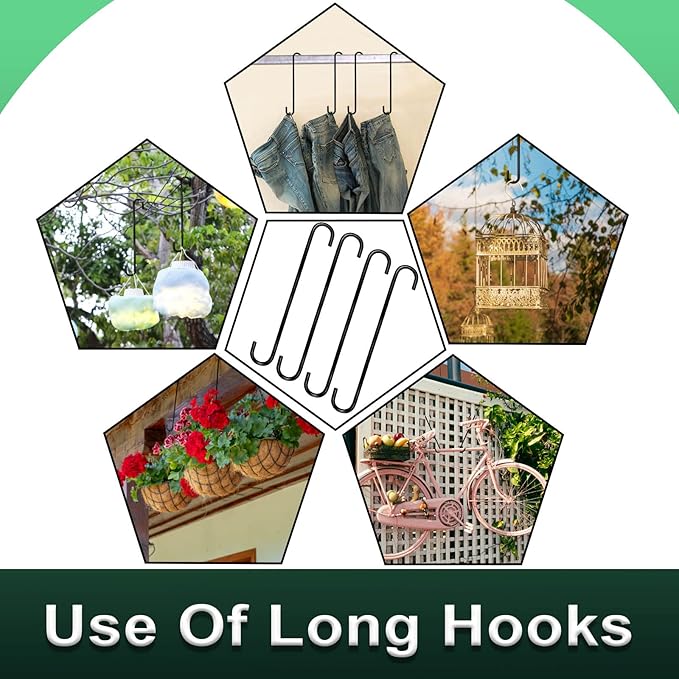 DINGEE 16 inch 8 Pack Extra Large S Hooks Heavy Duty Long S Hook for Hanging Plant, Hooks for Tree Branch,Bird Feeder,Pots and Pans Closet Garden Pergola Indoor Outdoor X-Large Hook