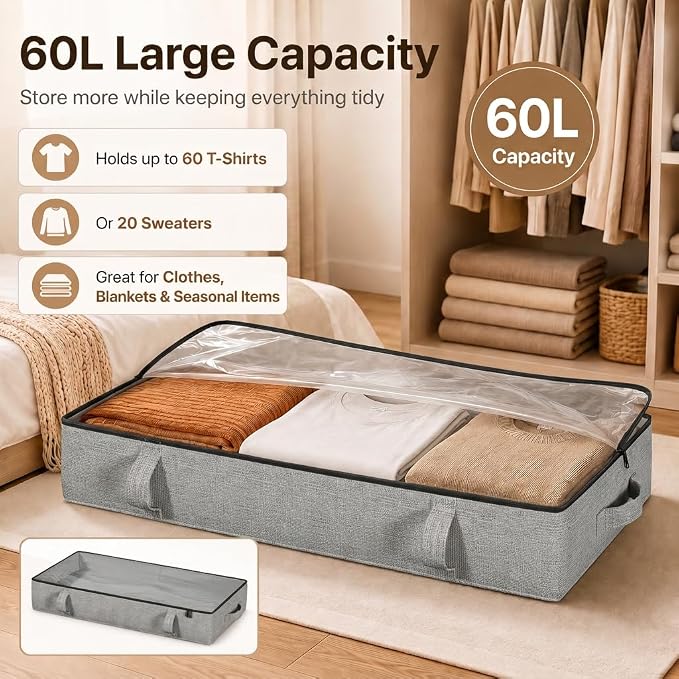 Side-Supported Under Bed Storage Containers, 6 Inch 60L Clothes Storage Bin | Underbed Storage Bin with Sturdy Handles and Sidewalls, Closet Organizer for Clothes, Seasonal Items, Speckled Grey, 2 Pack