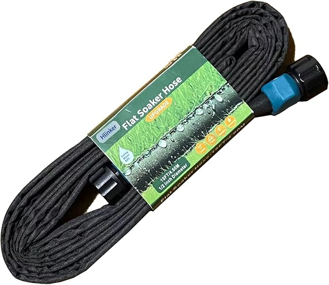 Hlinker Flat Soaker Hose 15 FT for Garden Beds, 15Ft 1/2" Linkable Consistent Drip Irrigation Hose Save 80% Water, Leakproof Heavy Duty Double Layer Sprinkler Hose
