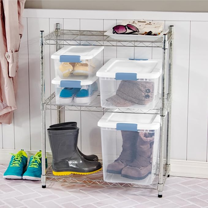 Sterilite 25 Qt Latching Storage Box, Stackable Bin with Latch Lid, Plastic Container to Organize Closet Shelf, Clear with White Lid, 12-Pack | Heavy-Duty and Stackable Plastic Containers with Latches for Closet, Cabinet, Bedroom, Bathroom and Dorm Roo...