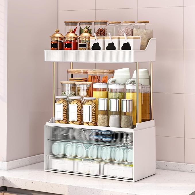 caktraie 2 Sets 5 Tier Acrylic Makeup & Bathroom Vanity Organizer | 2 Set Clear, 3 drawers 2 open shelves, dustproof, wipe clean, for large skincare, perfumes, lipsticks, dresser, counter