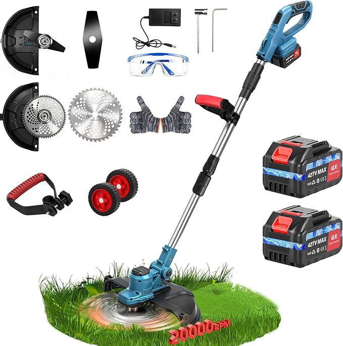 20000 RPM Electric Weed Wacker with Wheel,12″ Brushless Cordless Weed Eater Battery Powered, String Trimmer/Brush Cutter/Grass Trimmer/Lawn Mower, Edger Weed Trimmer for Garden Yard Tool