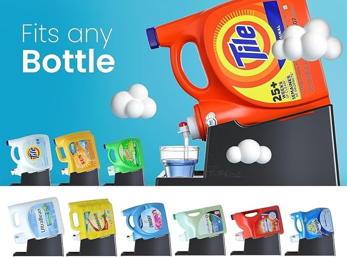 Liquid Laundry Detergent Holder Stand with Drip Tray - 1 Pack - Black | Easy Pouring, Rubber Feet, Secure Strap, Angled Stand, Fabric Softener Dispenser for Laundry Room Organization & Storage