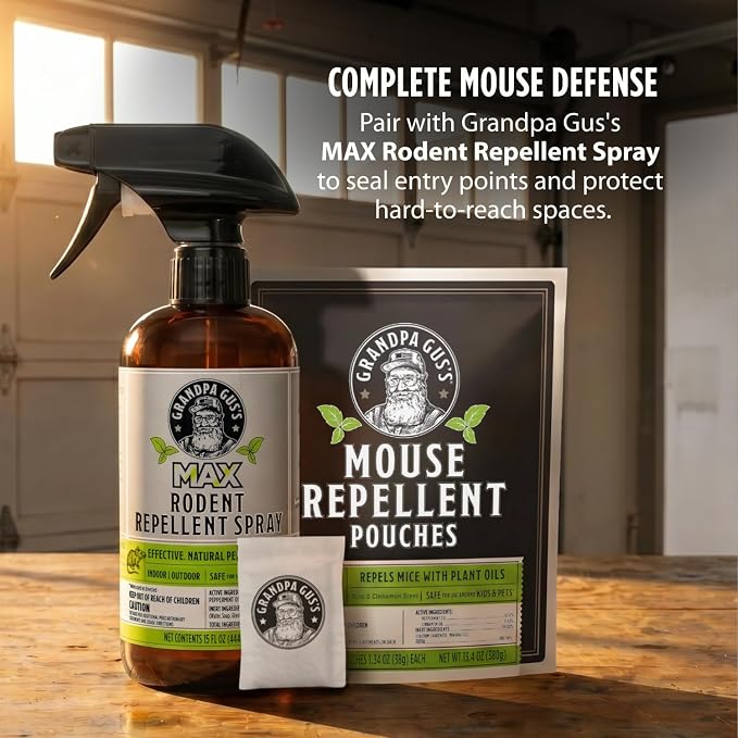 Grandpa Gus's Mouse Repellent Pouches, Natural Peppermint Oil, 16 Pouches | Cinnamon & Peppermint Oil Helps Repel Mice from Nesting in Home/Cabin/Boat/Car Storage/RV/Machinery/Shed, Kid & Pet Safe
