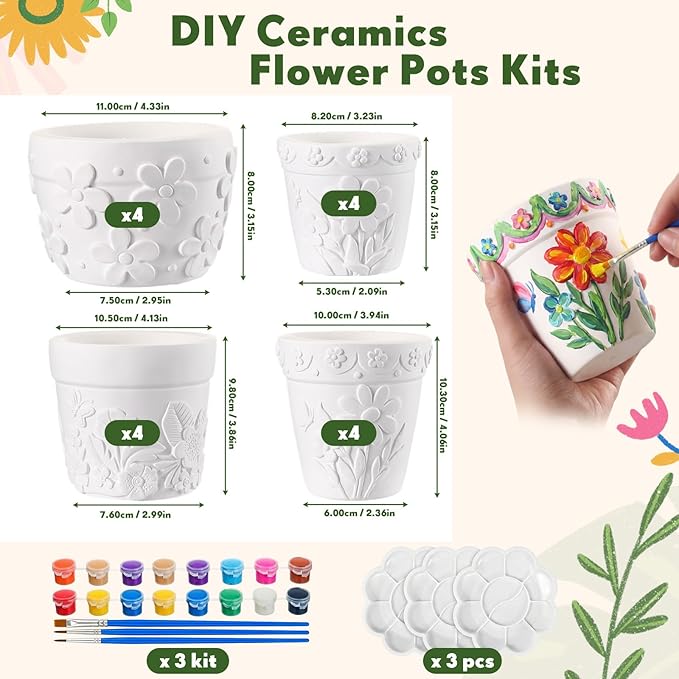 Zubebe 12 Pcs Spring Paint Your Own Flower Plaster Pots Bulk Unfinished Succulent Pots Painting Kit with Drainage Hole Mini Paintable Plant Vase Ready to Paint Planter for Spring Mother DIY Craft