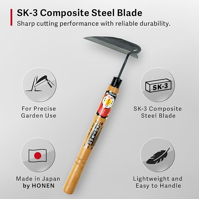 Lightweight Japanese Weeding Sickle, HONEN Thin Blade Precision Garden Tool with SK-3 Steel for Surface Weeding and Fine Garden Work