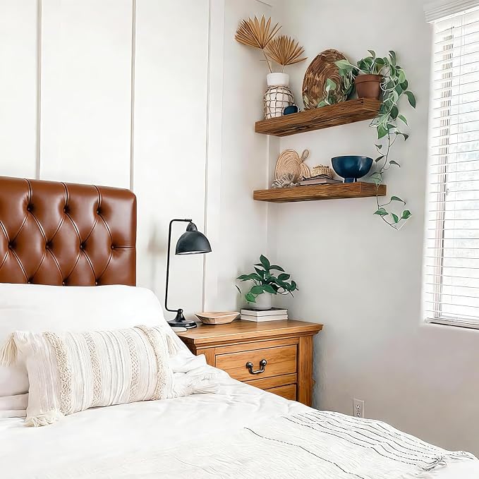 Solid Wood Floating Wall Shelves, Wall Mounted Display Bookshelf forBedroom, Bathroom, Kitchen, Living Room, Farmhouse Home Decor Wall Mounted (Country Style Brown, 23.6'W *6.7"D*1.5"H ,Set of 3)