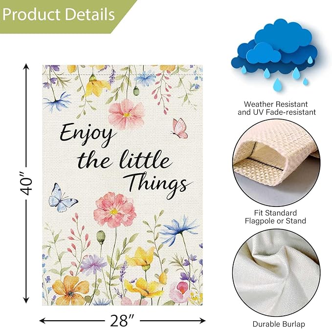 Louise Maelys Spring House Flag Enjoy The Little Things Butterfly Watercolor Flower Double Sided 28X40 Inch Floral Seasonal Welcome Small Burlap Holiday Yard Sign Outdoor Decor
