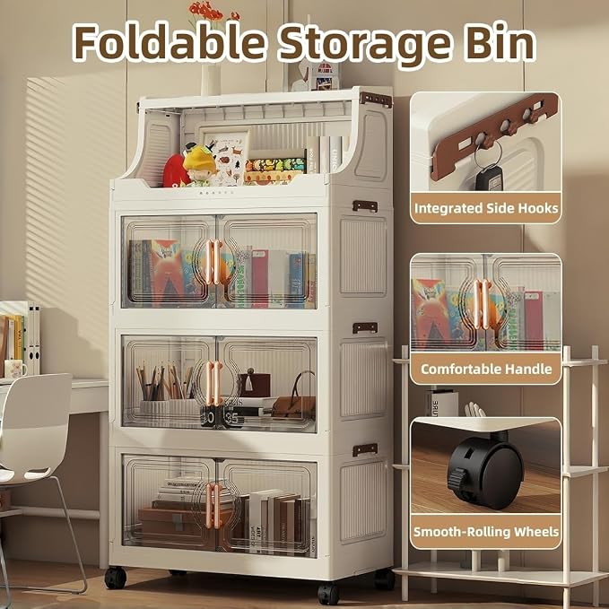 260QT Stackable Storage Bins with Lids & Rack, 6 Tier Large Capacity Foldable Storage Cabinet, Clear Collapsible Pantry Organizer for Home, Kitchen, Bathroom, Dorm, Office, Clear
