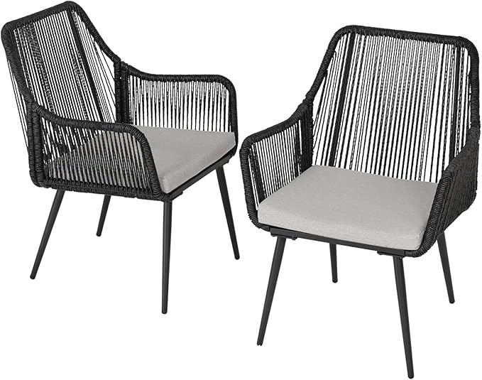 Patio Dining Chairs, Outdoor Dining Chairs with Armrest and Cushion Set of 6, Woven Twisted Wicker Rattan Chair, Modern Indoor Outdoor Seating for Garden, Lawn, Backyard, Black