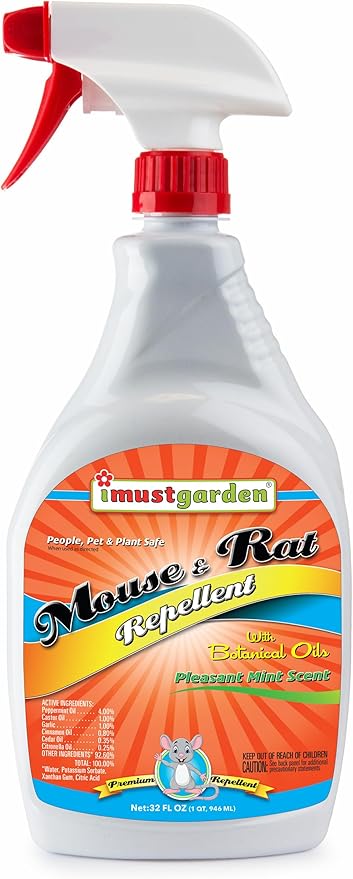 I Must Garden Mouse & Rat Boosted Rodent Repellent Spray – Powerful Peppermint Oil Plus Additional Plant-Based Ingredients for Strong, Natural Protection - Large 32oz Size - Indoor/Outdoor/Vehicle