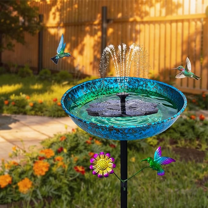 Freestanding Bird Bath with Metal Stake - 11” Metallic Blue & Green Metal Birdbath Bowl & Feeder Outdoor Garden Yard Decor