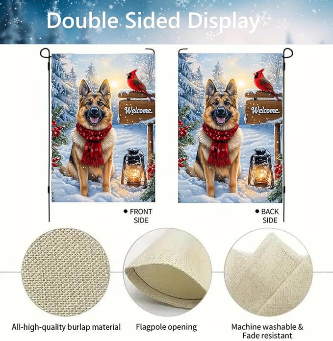 Welcome Winter Garden Flags 12x18 Double Sided, Small Burlap Holiday Snow German Shepherd Dog Garden Flag Winter Christmas Outdoor Yard Decorations Porch Lawn Flags for Outside
