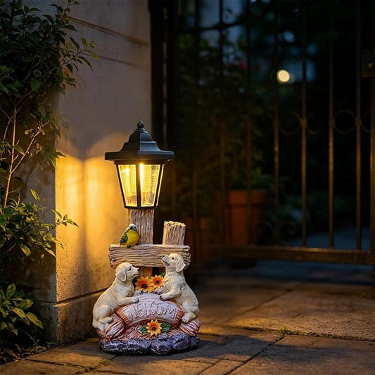 Outside Dog Statue with Solar Lantern, Garden Welcome Sign Dog Solar Figurines Light, Patio Outdoor Decoration, Balcony Lawn Decor, Unique Birthday House Warming Gift for Women, Mom, Grandma