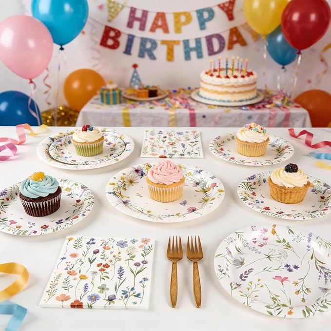 100Pcs Wildflower Plates and Napkins Party Supplies, Floral Paper Plates Wildflower Baby Shower Decorations Flower Party Plates Set for Spring Birthday Bridal Shower Tea Garden Party Decor, Serves 25