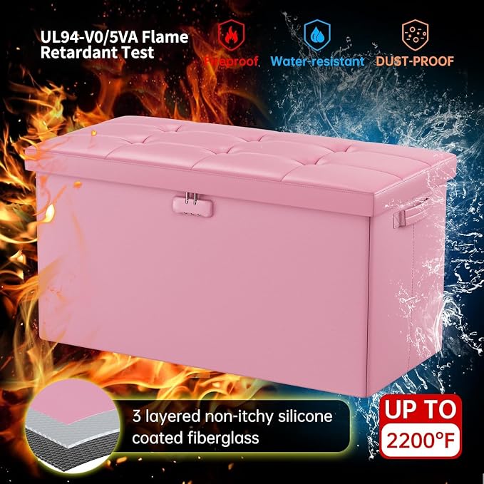 DocSafe Storage Ottoman Bench with Lock,Fireproof 30 Inches Folding Bench Foot Rest Stool Storage Chest Safe for Living Room,Bedroom,Home Office,Waterproof Leather Ottoman with Handles,Pink