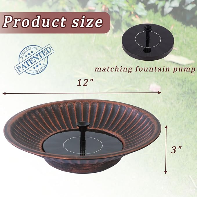 12.3" Solar Fountain Bird Bath for Outside, Metal Solar Bird Bath Fountains, Bird Bath Bubbler for Garden Patio Decor (Copper)