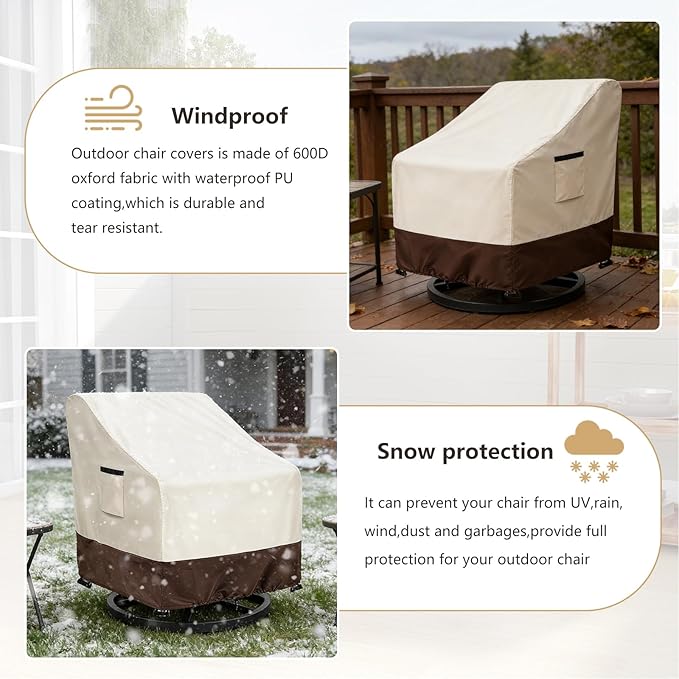 Patio Chair Covers 2 Pack, 33W x 35D x 38.5H inches, 600D Heavy Duty Waterproof Outdoor Furniture Cover, Patio Furniture Covers for Lawn/Garden Chiars, Beige & Brown