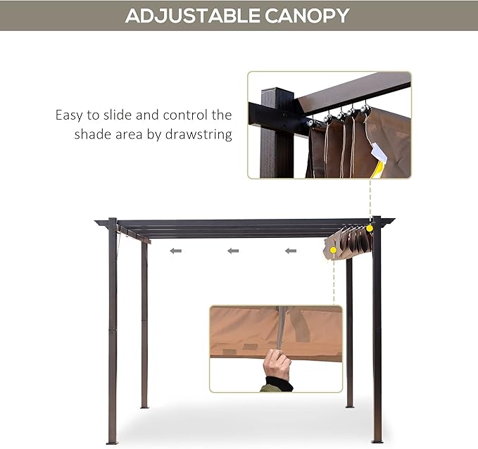Outsunny 10' x 10' Aluminum Patio Pergola with Retractable Pergola Canopy, Backyard Shade Shelter for Porch, Outdoor Party, Garden, Grill Gazebo, Brown