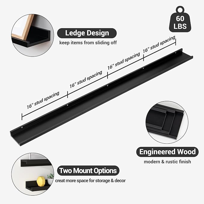Axeman Picture Ledge Shelf, 72 Inch Black Floating Shelves Set of 3