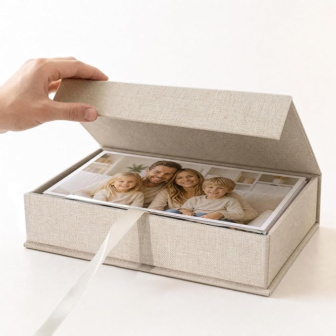 Photo Storage Box 5x7, Keepsake Box - Beige | Linen Material, Connected Lid, for Photos, Certificates, Scrapbooking Supplies, Keepsakes, Jewelry