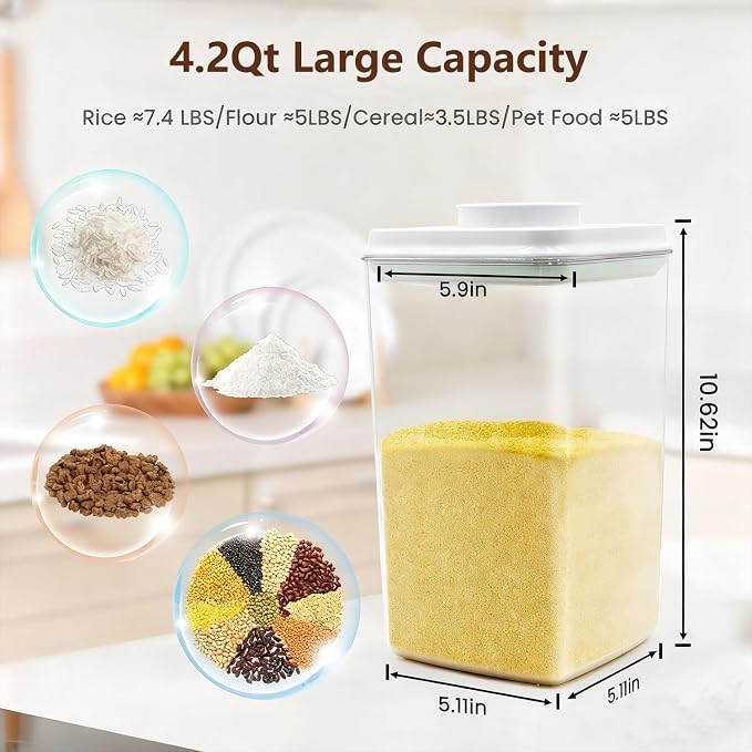 Melovom Pop Airtight Food Storage Containers Set with Lids, Large 4.2Qt/4L Food Containers with Scoop, Kitchen Pantry Organization and Storage, BPA Free Stackable Cereal Container (2 * 4.2Qt)