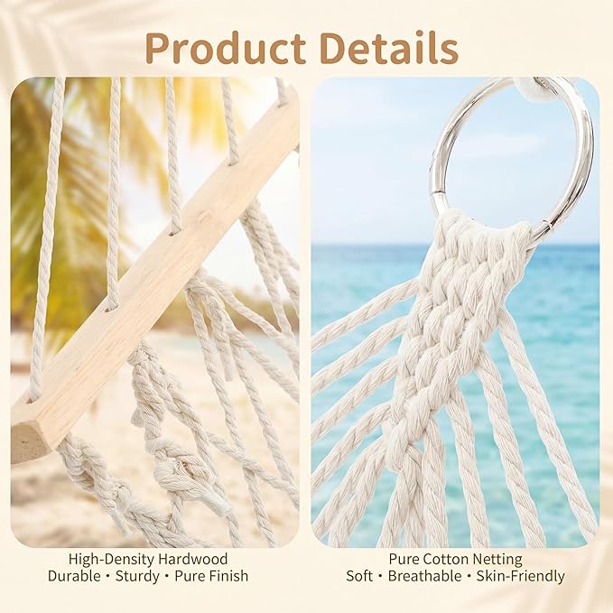 Hand Woven Cotton Rope Hammock with Spreader Bar & Fringes, 10 ft Double Hammock for Patio Garden Yard Porch Camping Beach Indoor Outdoor Hanging Include Rope Straps, 2 Person, 450lb Capacity