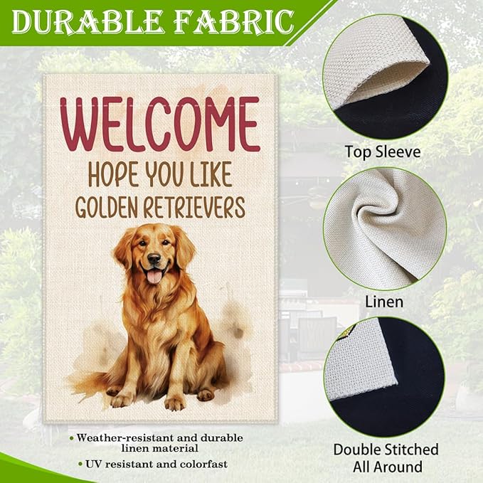 Hafhue Welcome Hope You Like Golden Retrievers Garden Flag, 12x18 In Double Sided Printing Holiday Yard Outdoor Farmhouse Home Lawn Exterior Porch Decoration Flag, Housewarming Gifts for Dog Owner