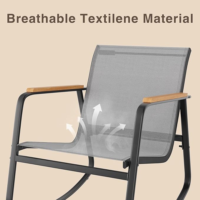 Ahomly 3 Pieces Patio Furniture Set, Outdoor Textilene Furniture Set with Wooden Armrests, Coffee Table with Tempered Glass Tabletop, Patio Chairs for Lawn, Balcony, Grey