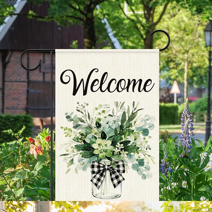 Welcome Flags for Outside,Spring Eucalyptus Mason Jar Garden Flag for Yard Patio Lawn Decoration,12x18 Inch Double Sided