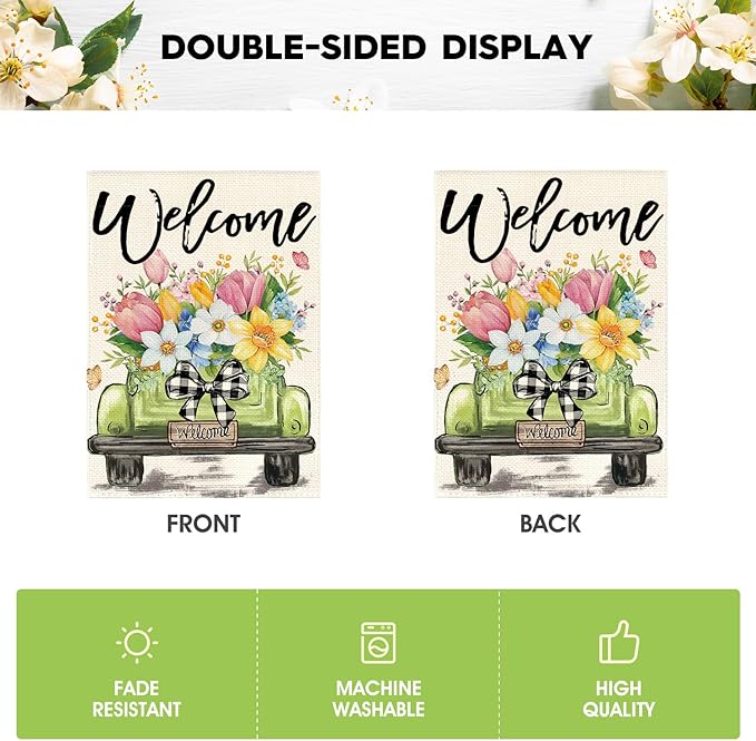AVOIN colorlife Spring Tulip Garden Flag 12x18 Inch Double Sided Outside, Seasonal Flower Truck Rustic Yard Outdoor Flag