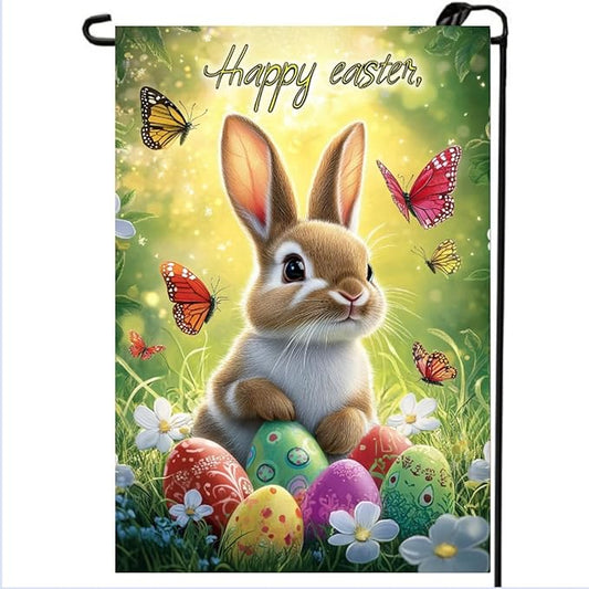 Happy Easter Garden Flag 12x18 Double Sided, Small Burlap Floral Butterfly Eggs Bunny Garden Flags Easter Holiday Outdoor Yard Decorations