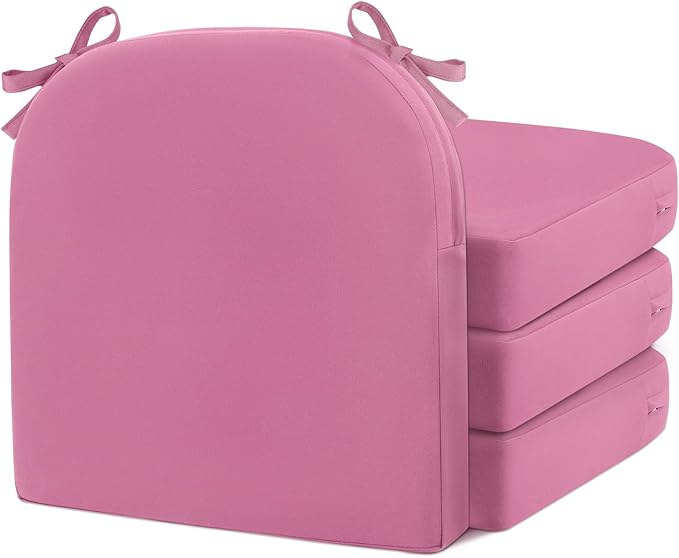 Topotdor Outdoor Chair Cushions for Patio Furniture,Waterproof Patio Chair Cushions Set of 4,Indoor/Outdoor Round Corner Chair Seat Cushion with Ties,18"x18"x3" Pink