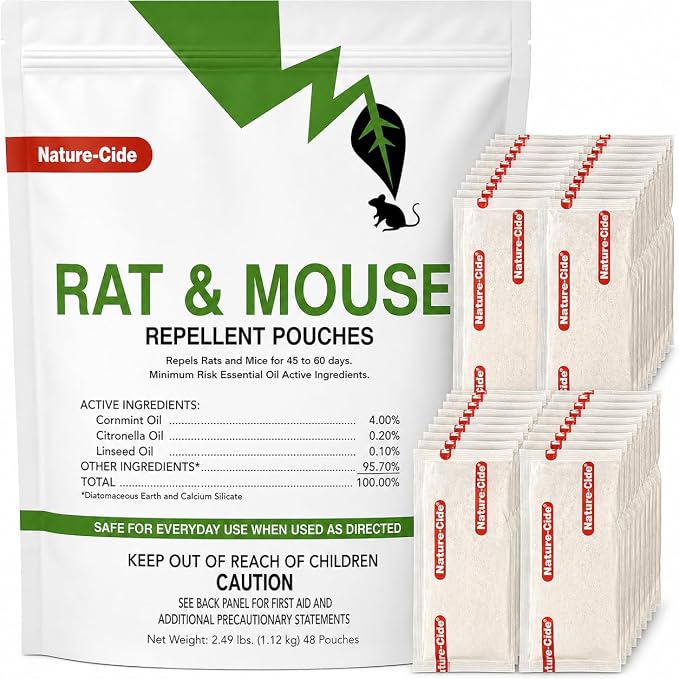 Nature-Cide Rat & Mouse Pouches - Plant-Based Formula for Indoor & Enclosed Spaces - Fresh Mint Aroma, 45-60 Day Use - 25 sq ft Coverage per Pouch (Pack of 48)