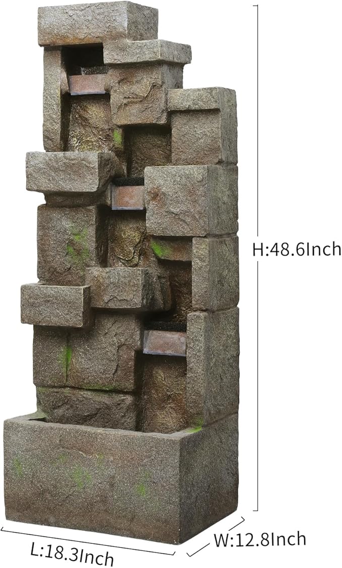 48.6" Water Fountain Outdoor Floor-Standing Garden Fountains with LED Lights 3 Tier Modern Waterfall Fountain Decor Rock Fountain for Patio Garden Yard Backyard Porch Home Art Decor, Yellow