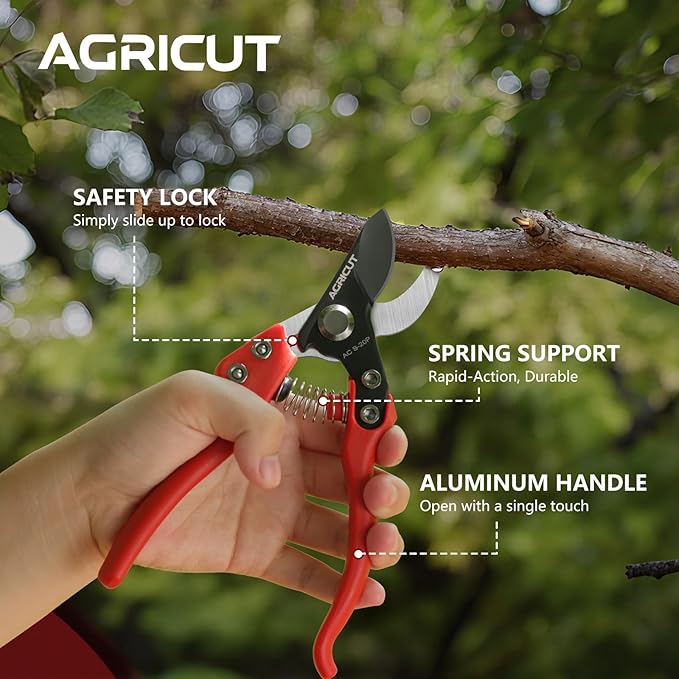 AGRICUT Pruning Shears, 7/8-Inch Cut Capacity Hand Clippers, Bypass Pruners, Gardening Scissors with Sharp Steel Blade (Nylon Handle, High Carbon Steel PRO)