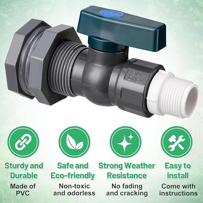 Easy Install Rain Barrel Spigot Kit - 3/4 Inch Rain Barrel Valve with Hose Faucet Adapter Thread Sealing Tape, Durable PVC Barrel Diverter Kit for Garden Barrels Water Tanks Aquariums