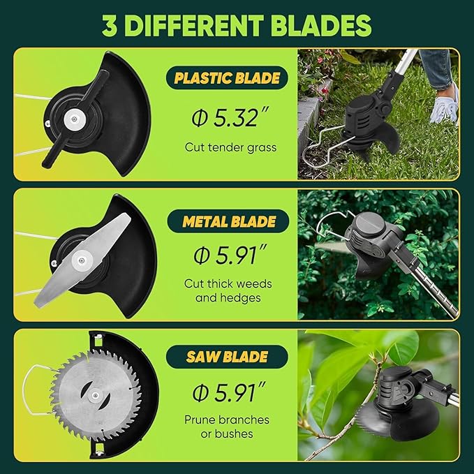 SakerPlus Wireless Weed Cutter, 24V Cordless Electric Grass Trimmer Weed Eater Wacker with 2 Batteries, 3-in-1 Lightweight Brush Cutter/Lawn Mower/Edger with Wheels & for Lawn, Garden & Yard(Black)
