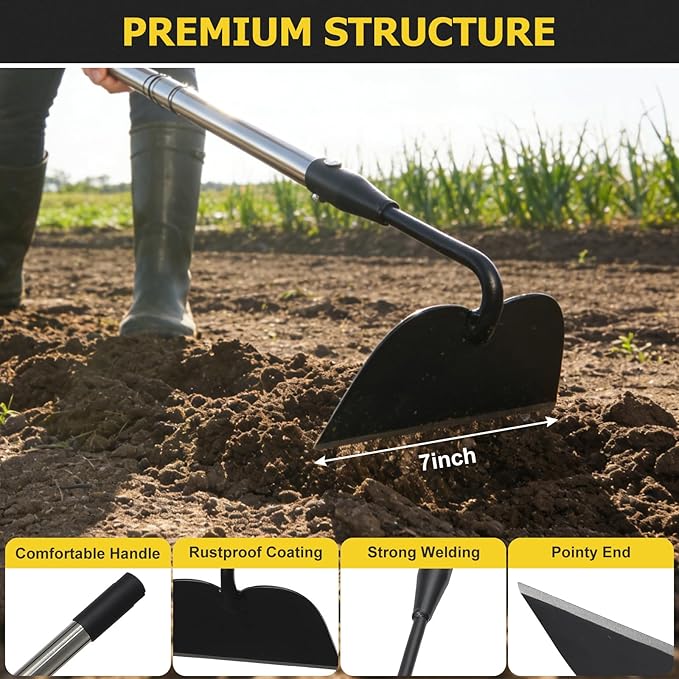 Draw Hoe Garden Tool, Heavy Duty Garden Hoes for Weeding Stainless Steel Long Handle, Easy Stand Up Scraping Weeder Tool for Garden, 63inch Adjustable Weed Hoe with 7-inch Wide Welded Blade