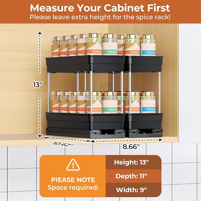 Pull Out Spice Rack Organizer for Cabinet, 2 Pack 2 Tier Sliding Spice Rack | Dual Rail, Slide Out Seasoning Organizer for Kitchen Cabinets, No Drill Installation, Space Saving Cabinet Storage Organizer