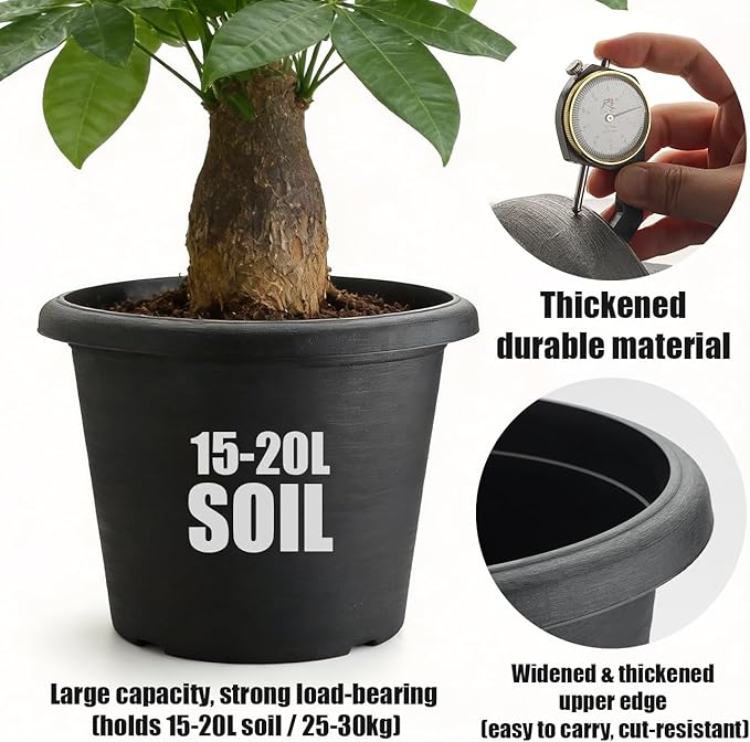 BTPLASTIK Heavy-Duty 4 Pack 14 Inch Plastic Planter Pots with Drainage Holes - Textured Cement Design, 20L Capacity, Raised Base, Durable & Cut-Resistant Large Garden Container