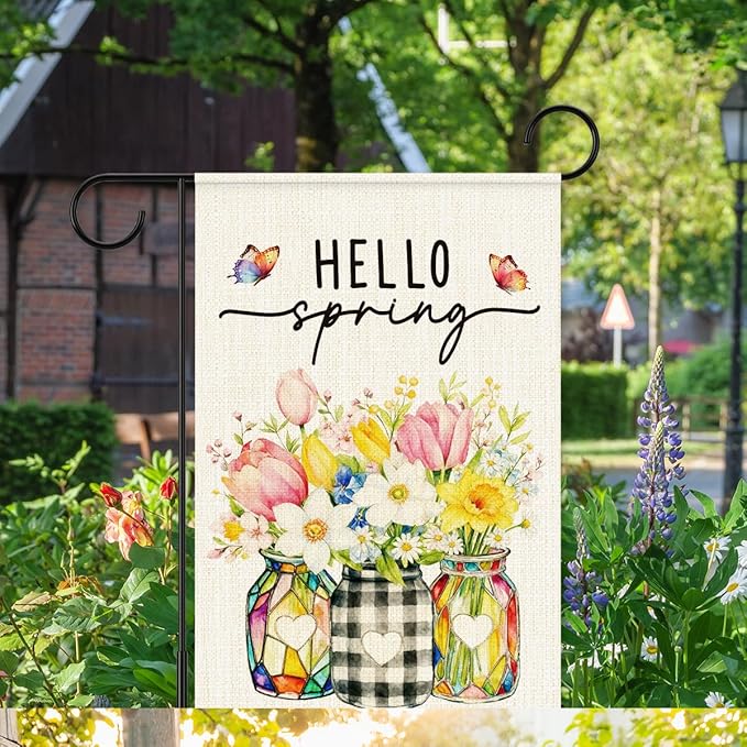 Hello Spring Flags for Outside,Floral Mason Jar Garden Flag for Yard Patio Lawn Decoration,12x18 Inch Double Sided