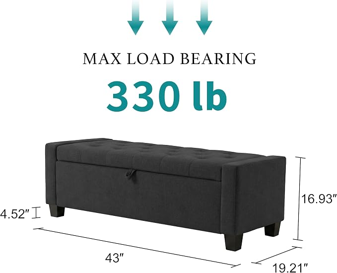 Huatean Home 43" Ottoman with Storage, Dark Gray Storage Ottoman Bench | Upholstered Entryway Bench with Seating for Bedroom, Living Room, with Safety Hinge, Holds up to 330 lb